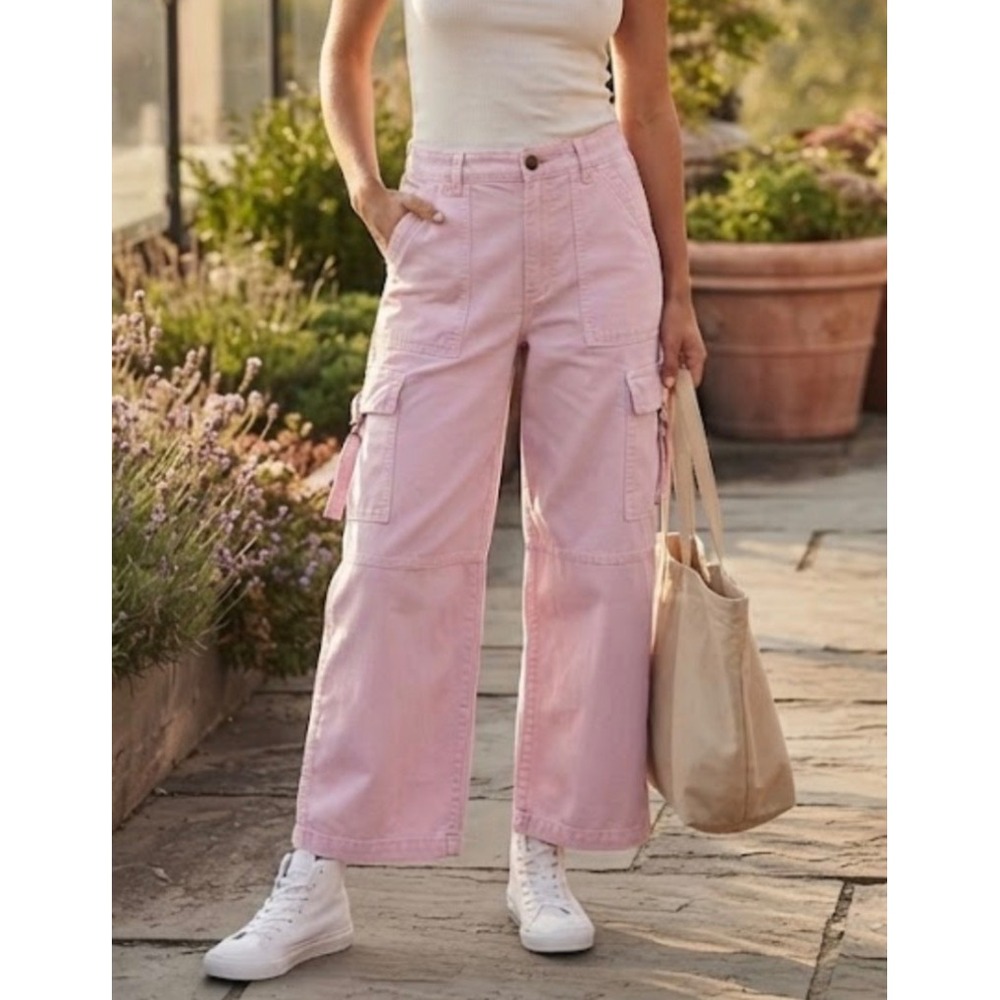 American Eagle Pink Super High Rise Baggy Wide Leg‎ Cargo Pants Womens 2 Stretch